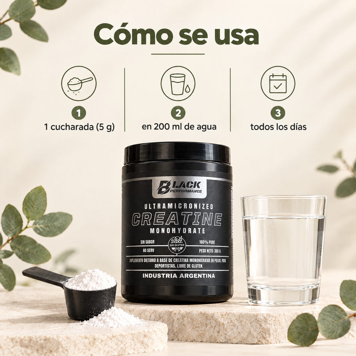 Creatina Black - como se usa: 1 cucharada 5 g en 200 ml de agua, todos los dias