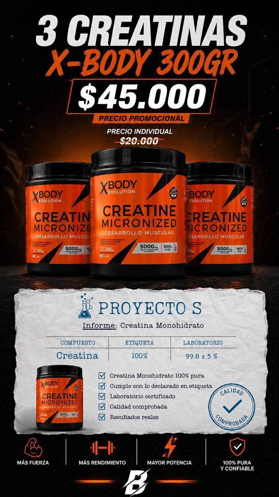 Combo 3 x Creatina Monohidratada X-Body 300 Grs
